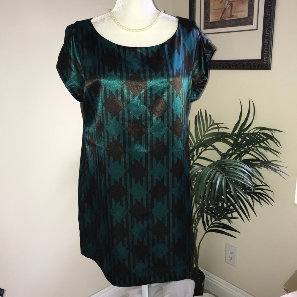 Apt.9 Silky Satin Cap Sleeve Shift Women’s Dress L Green Black*